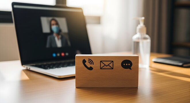 Virtual meeting workspace with communication icons and hand sanitizer for office safety