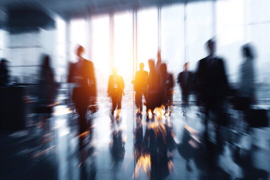 Blurred motion of a busy business meeting with sunlight. High quality