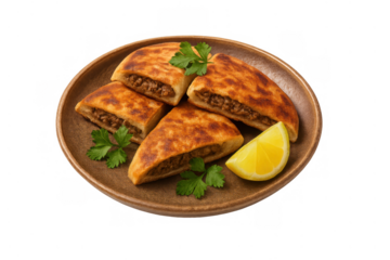 Savory middle eastern fatayer or sambusak pastries filled with minced meat, plated with fresh parsley and lemon, transparent background