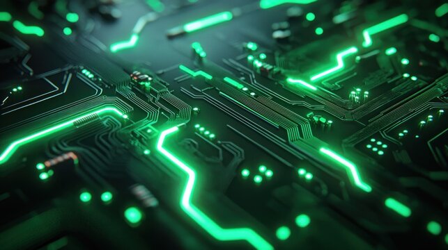 Close-up circuit board glowing green lines, patterns. Intricate tech design