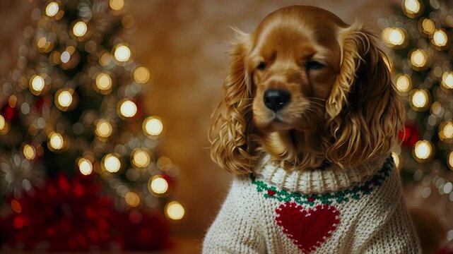 Adorable cocker spaniel puppy wearing a Christmas sweater cuteness overload tilting head in slow motion. Festive holiday cheer in 4k video