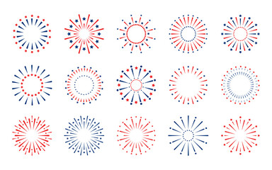 Red and blue festive fireworks, a set of icons, icons isolated on a white background, vector. Decorative element for design, decoration, poster, greeting, holiday