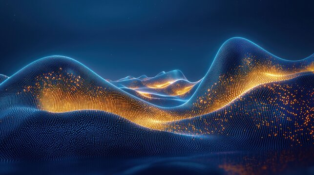 Digital landscape of glowing particles flowing over blue waveform terrain