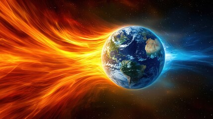 Earth between flames and ice, symbolizing opposing forces, global impact