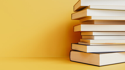 Stack of books on bright yellow background with copy space, education concept. 3d rendering
