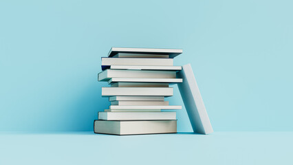 Minimalist stack of books on blue background, education and learning concept. 3d rendering