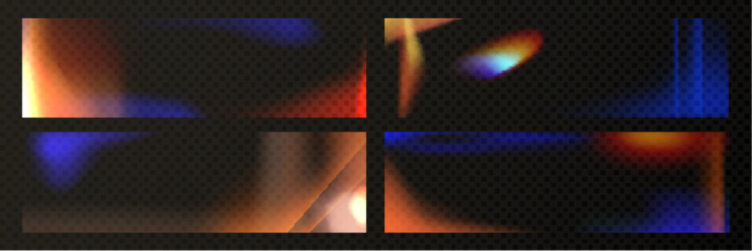 Film leak light effect with flare overlay on transparent background. Vintage photo filter set - rainbow grain spectrum, orange glow, blue and red colors for old retro photography aesthetics.