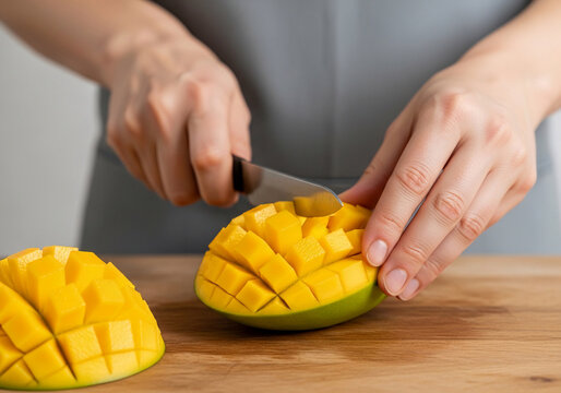 Woman's hands expertly dicing a ripe mango into cubes on a wooden board. A simple guide to a quick recipe and food hacks for preparing tropical fruit