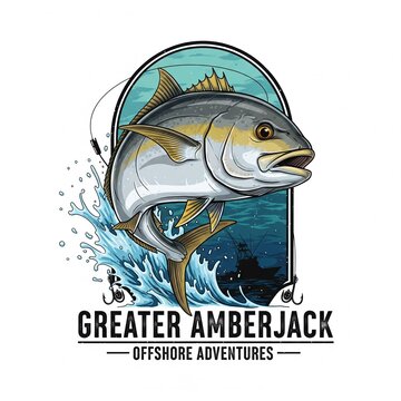 Greater Amberjack as a logo print design on various media such as t-shirts, mugs, hats, tote bags, etc. for various events related to fishing hobbies, vintage cartoon flat design illustrations
