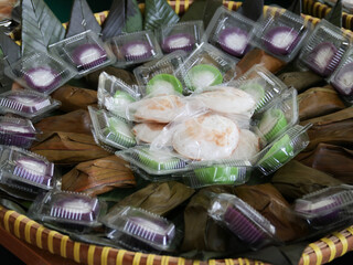 Jajan pasar (market snacks) in Java, consisting of assorted kue. Jajan Pasar is Indonesian traditional sweet and savory snacks usually sold in traditional market, street and village