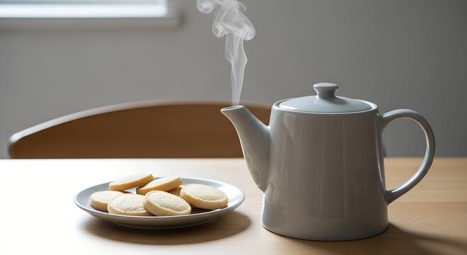 Modern teapot with steam beside plate of cookies on wooden table