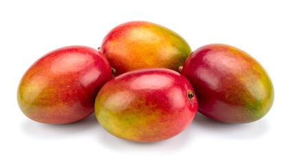 Close-up of four ripe, colorful mangoes against a white background