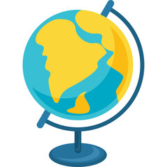 A Blue And Yellow Globe On A Dark Blue Stand Displaying Continents And Oceans With A Transparent Background