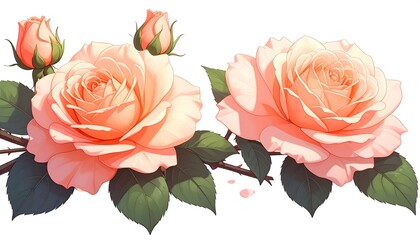 Close-up of lush, coral-colored roses with buds and green foliage