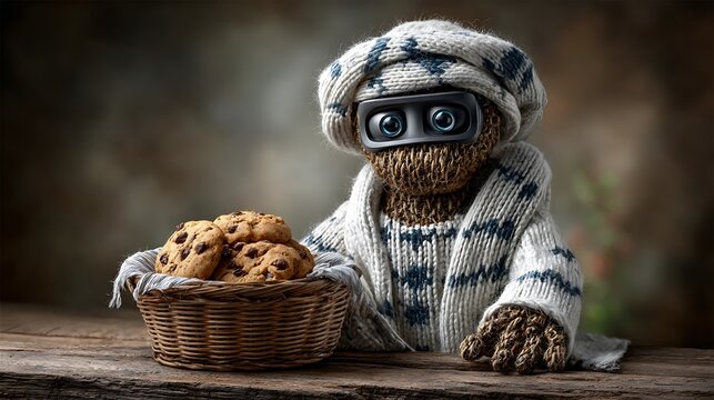 Still life with knitting basket, fresh cookies on plate, VR headset and toy robot on antique coffee table.