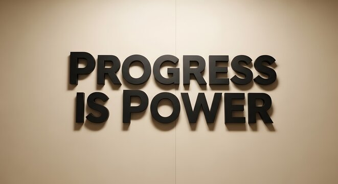 Inspirational wall art displaying the phrase 'Progress is Power' in bold black letters on a neutral background, emphasizing motivation and determination in a professional or educational setting
