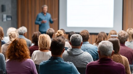 Seminar with expert speaker presenting to audience in hall. Blank business presentation screen for copy space. Executive presenter giving a speech. Leadership training coach in workshop lecture.
