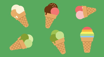 Collection of Delicious Ice Cream Cones on Green Background.