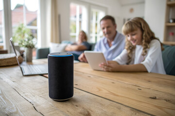 Family sitting in cozy living room using smart speaker and tablet. Concept of AI technology, home automation, digital lifestyle, and smart home communication.