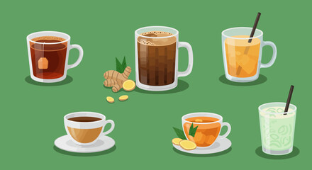 Collection of hot and cold beverages in cups and glasses.