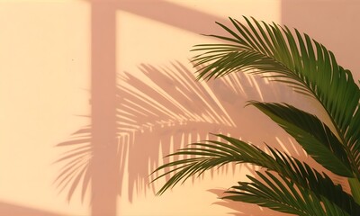 Fototapeta premium Green palm fronds casting intricate shadows on a warm peachy wall