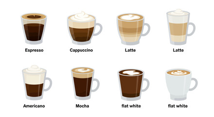 Collection of Popular Coffee Drinks Illustrated.