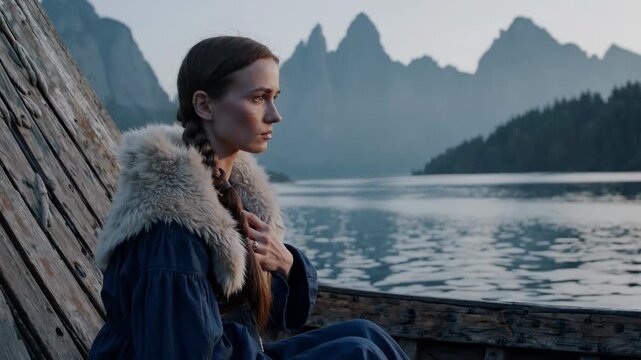 woman in fur cloak on boat by lake. mountain range frames distant horizon. portrait profile captures solitude and gaze toward water. travel composition pairs landscape and character elements.