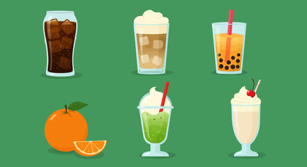 Collection of Refreshing Drinks and Fresh Orange Fruit.