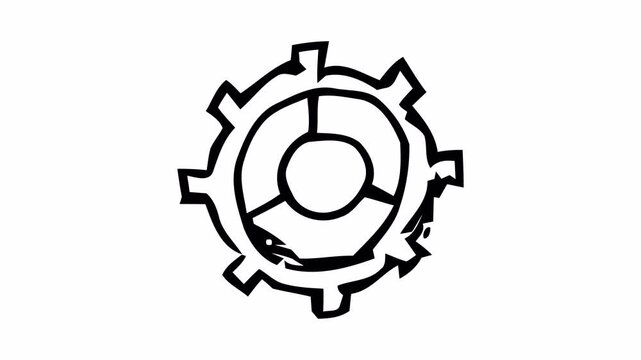Hand-drawn doodle animation of a gear mechanism, black line sketch with alpha channel on transparent background.