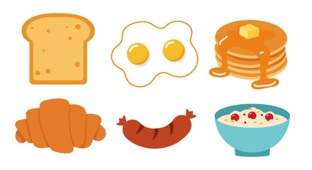 Delicious Breakfast Food Items Assortment Flat Illustration.