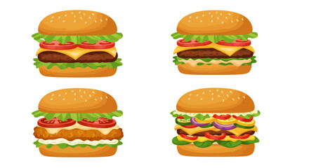 Delicious Gourmet Burgers Collection Isolated on White Background.