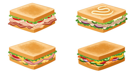 Four Delicious Sandwiches Isolated on White Background.