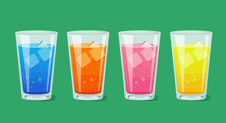 Four refreshing colorful drinks with ice in glasses on a green background.