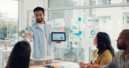 Tablet, presentation and man with business people with charts, kpi research and data analysis. Meeting, startup team and workers on tech with graph, statistics and seo report for website growth