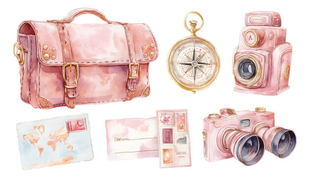 Stylish Travel Items with Vintage Camera, Compass, and Elegant Bag on Transparent Background