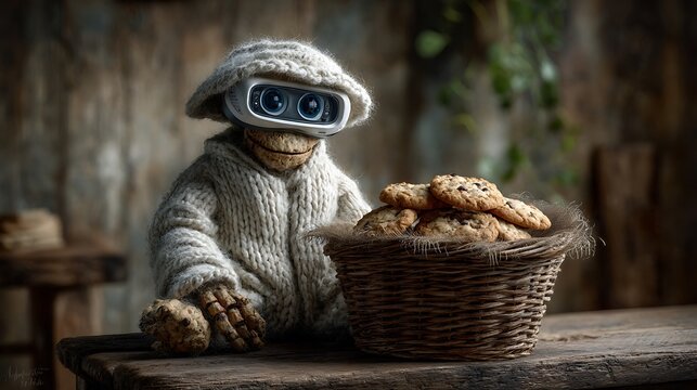 Still life with knitting basket, fresh cookies on plate, VR headset and toy robot on antique coffee table.