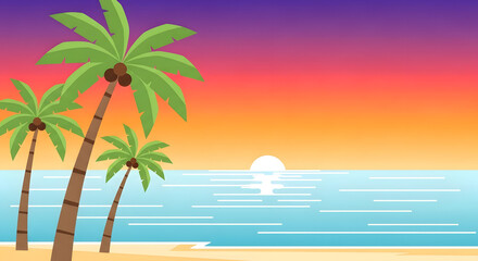 Relaxing tropical beach sunset illustration featuring silhouetted palm trees, vibrant gradient sky, and a calm ocean reflecting the sun, perfect for a serene getaway