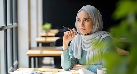 A thoughtful young woman wearing a hijab sitting at a desk in a modern cafe, contemplating her work or study with a pen in her hand and a focused expression