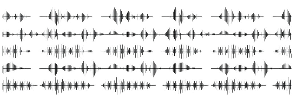 Podcast sound waves vector set featuring audio waveform line icons, microphone signals, and frequency patterns, ideal for music, broadcast, podcast branding, UI design, and audio-related graphics.