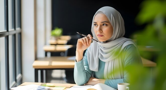 A thoughtful young woman wearing a hijab sitting at a desk in a modern cafe, contemplating her work or study with a pen in her hand and a focused expression