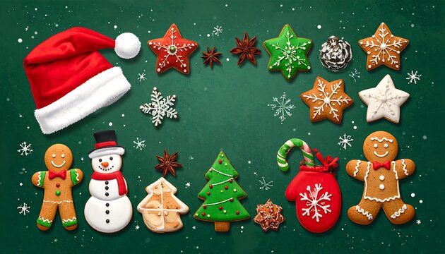 Festive Christmas Cookies and Decorations on Green Background. - Powered by Adobe