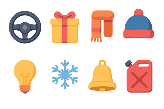 Festive winter items including gifts, clothing, and essentials. Set of 6 Christmas vector illustration