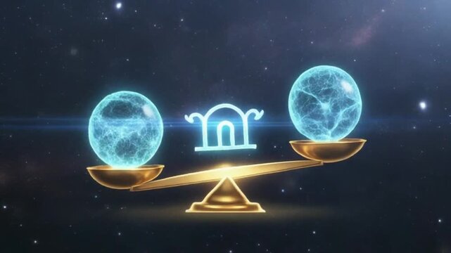 Two glowing energy orbs hover over a golden scale, balancing perfectly under a starlit sky. The Libra symbol shines between them. Smooth animation with celestial glow effects