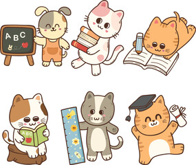 Cute puppy and kitten in the variation of school and education cartoon hand drawn character illustration