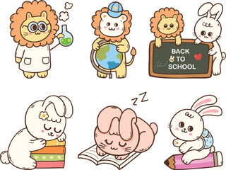 cute rabbit and lion in the variation of school and education cartoon hand drawn character illustration