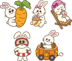 Set of cute summer rabbit cartoon doodle hand drawn character illustration