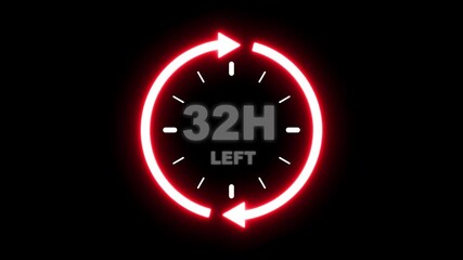 24 hours clock with circle arrow and the numbers 32 Hour left. video animation on alpha channel background, Clock timer, time passage waiting time animation (4K). 32 Hour Countdown timer. Clock icon. 