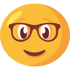 A Yellow Round Face Emoji with Dark Rimmed Glasses and a Subtle Smile on a Transparent Background