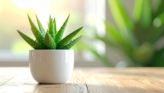 A small, vibrant aloe vera plant sits in a white pot on a wooden surface.