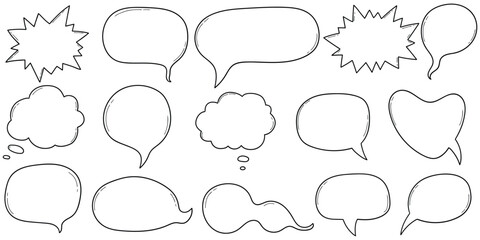 Fototapeta premium Hand-drawn doodle set of empty speech bubbles on a white background.